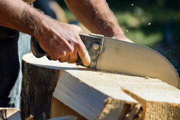 Carpenter sawing wood with saw close up background..