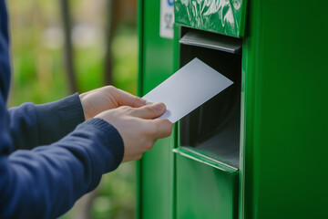 Person posting letter into mailbox close up background..