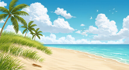 Fototapeta premium Scenic tropical beach landscape with palm trees, sand, ocean, and blue sky