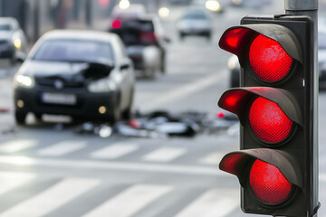 Red traffic light on a crashed car background..