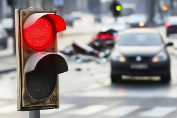 Red traffic light on a crashed car background..