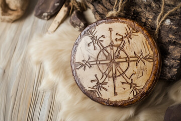Scandinavian amulet with life compass on medieval table close up background...