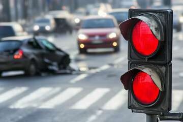 Red traffic light on a crashed car background..
