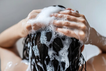 Girl washing hair with shampoo close up background..
