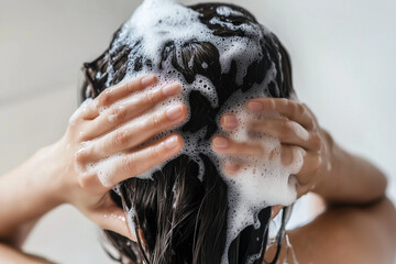Girl washing hair with shampoo close up background..