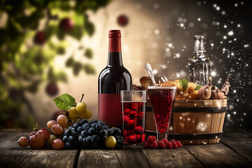 Bottle of wine and grapes on table in restaurant close up background..