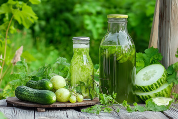 Cucumber juice drink on rustic table with brine background...