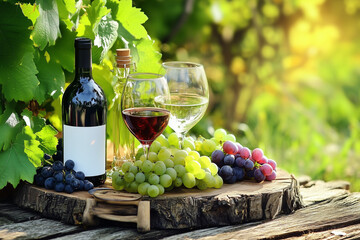 Bottle of wine and grapes on table in restaurant close up background..