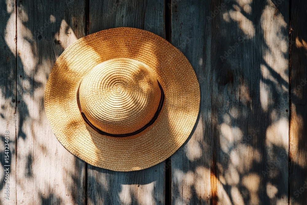 Aufkleber straw hat resting on sunlit wooden surface with gentle shadows creating a serene atmosphere, straw h