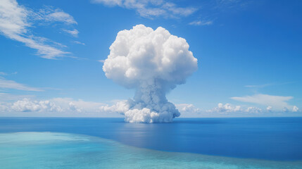 Large, billowing cloud formation rises dramatically over calm ocean, creating striking contrast against blue sky. scene evokes sense of awe and curiosity about natural phenomena