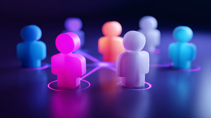 Obraz premium Colorful human-shaped icons connected by glowing lines representing social networking and digital communication.