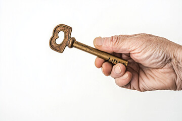 Old key in hand of elderly man isolated on white background...