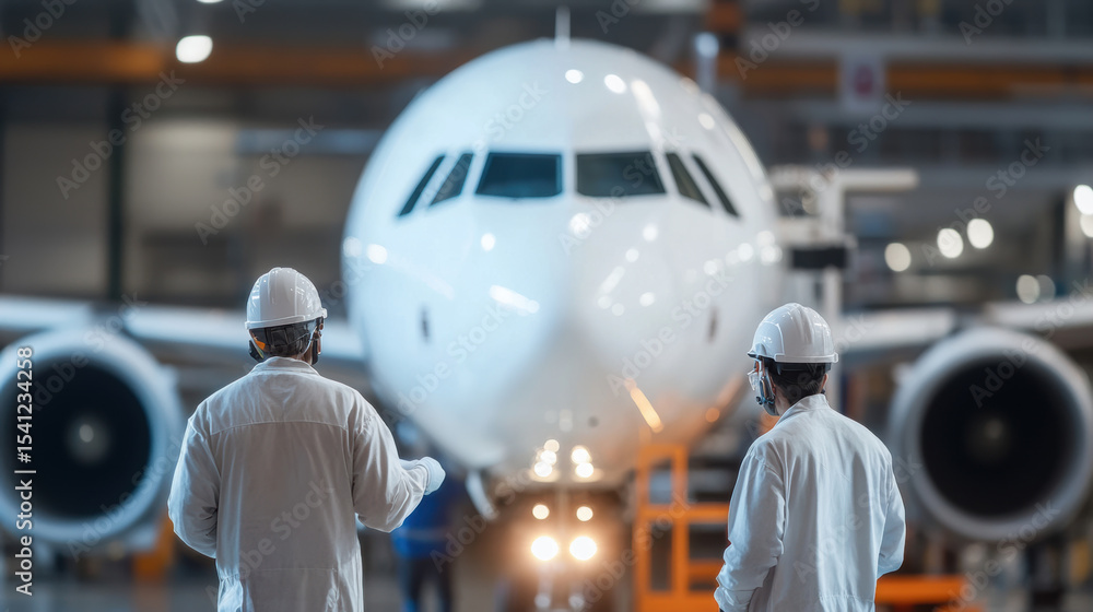 Poster engineers in white lab coats and helmets observe large aircraft in hangar, discussing flight control