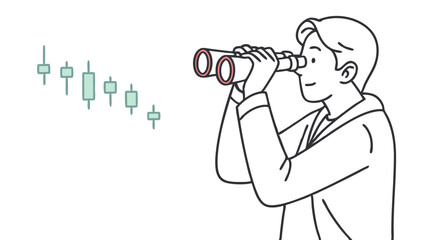 Man using binoculars looking at candlestick chart on white background in vector line art style design