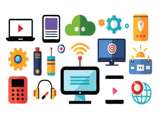 Collection of colorful technology icons isolated on white background
