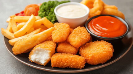A delicious platter of golden-fried chicken nuggets, fish fingers, and French fries, served with dipping sauce, is perfect for a flavorful and satisfying comfort food meal.