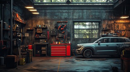 Dynamic automotive repair garage scene with a red tool chest, silver SUV, and rustic industrial aesthetic 