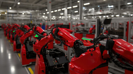 Fototapeta premium Robotic arms in modern production facility showcase advanced automation technology. vibrant red machines are arranged in synchronized line, emphasizing efficiency and precision in manufacturing