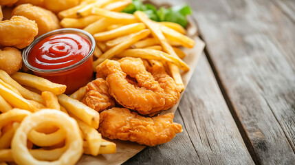 A delightful assortment of savory, golden, crispy fried chicken, fries, and onion rings, accompanied by a variety of dipping sauces, is perfect for a hearty and satisfying meal.