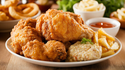 A platter of perfectly golden, savory fried chicken with a crispy, golden crust, served alongside French fries, onion rings, and a selection of delicious dipping sauces, is ideal for a hearty meal