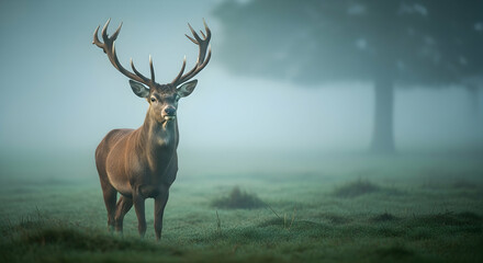 Fototapeta premium Red deer, Stag, Deer, Majestic Red Deer Stag in Misty Meadow