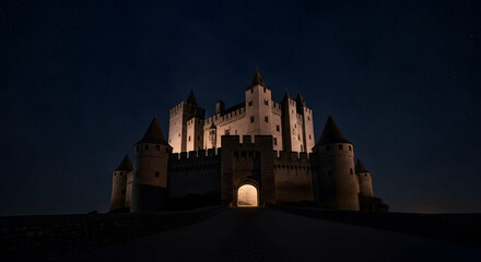 Castle, Medieval, Night, Medieval Castle at Night Under Starry Sky