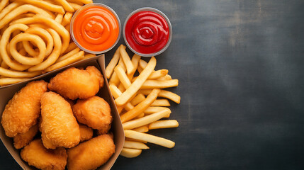A delightful assortment of savory, golden, crispy fried chicken, and french fries, accompanied by a variety of dipping sauces, is perfect for a hearty and satisfying meal.