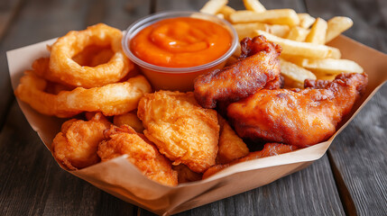 A delightful assortment of savory, golden, crispy fried chicken, fries, and onion rings, accompanied by a variety of dipping sauces, is perfect for a hearty and satisfying meal.