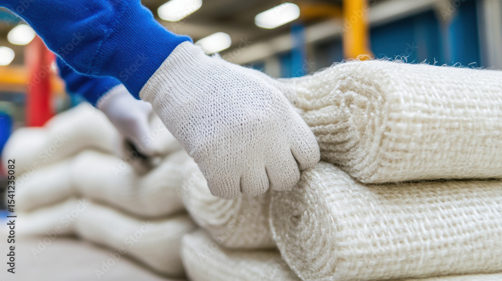 Poster worker wearing gloves is carefully handling rolled sheets of material in factory setting, showcasing