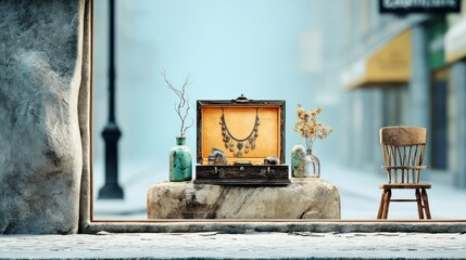 Antique Jewelry Display in Snowy Shop Window