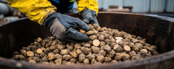 Gloved hands handling uranium fuel pellets in large container, showcasing intricate process of loading materials for energy production. scene conveys sense of precision and care