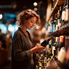 Woman reviewing wine bottle in modern retail shop.
