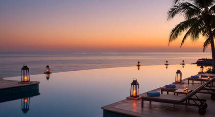 Stunning sunset view over an infinity pool with lanterns and palm tree