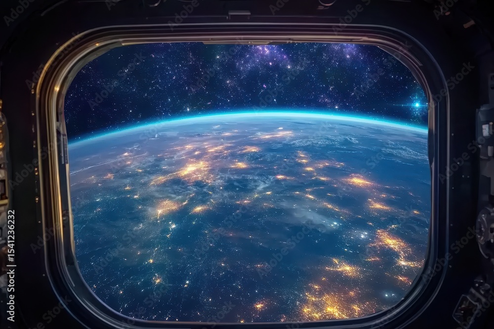 Poster view of earth from a spacecraft window showcasing vibrant lights and the vastness of outer space, vi