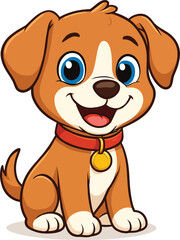 Fototapeta premium Cheerful Cartoon Puppy with Blue Eyes and Red Collar Sitting Happily Vector Illustration
