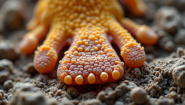 Close-up view of a gecko's orange foot resting on textured, earthy ground.