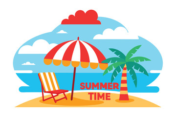 Obraz premium Cartoon Summer Red Beach Chair, Striped Umbrella, Palm Tree on Sandy Beach with Clouds