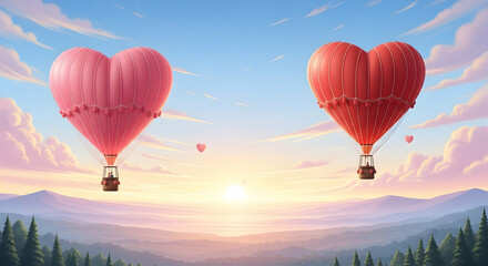 Obraz premium Heart shaped hot air balloon, Hot air balloon, Sunrise, Two Heart-Shaped Hot Air Balloons at Sunrise