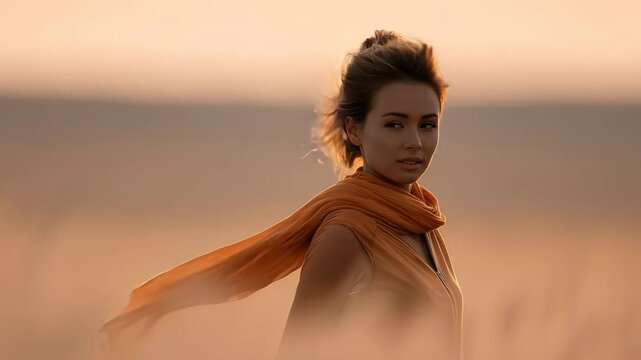 Woman with flowing scarf desert sunset wind and warm light peaceful