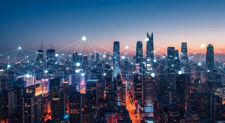 Fototapeta premium Smart city, City at night, Cityscape, Smart City Network at Night