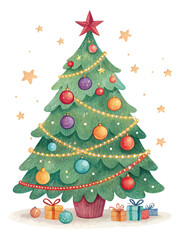 Watercolor Christmas tree with ornaments and gift boxes isolated on white background