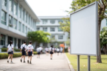 School students walking in courtyard blank sign
