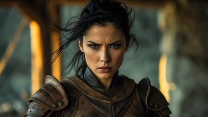 Fototapeta premium A strong woman in leather armor stares intently, ready to face any challenge.