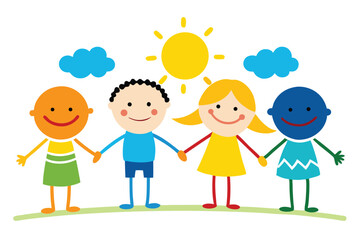 Fototapeta premium Cheerful Cartoon Kids Holding Hands Under the Sun and Clouds Illustration