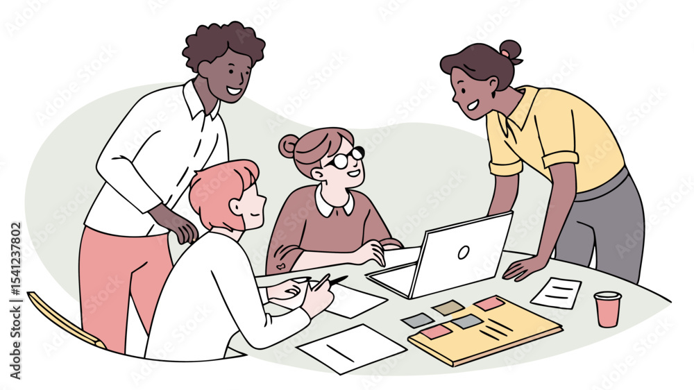 Poster group of diverse women collaborating on a project with a laptop and documents on a table in a bright