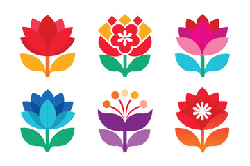Fototapeta premium Collection of Six Flat Design Colorful Geometric Floral Illustrations on a White Background