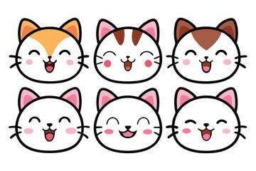 Fototapeta premium Collection of Six Adorable Smiling Cartoon Cat Faces with Different Color Variations on White Background