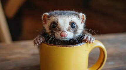 A small ferret sits attentively in a yellow mug.