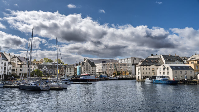 Scenic Waterfront Cityscape With Boats and Nordic Style Architecture, Aalesund, Norway