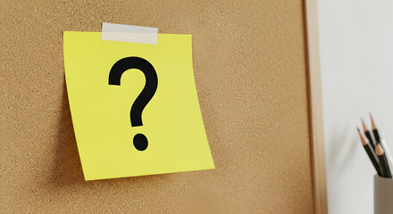 Question mark, Sticky note, Yellow note, Question Mark on Yellow Sticky Note on Corkboard